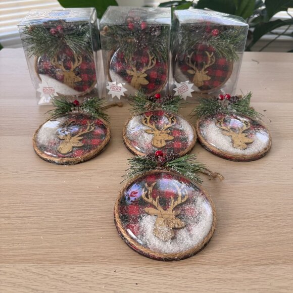 Rustic Buffalo Plaid Christmas Ornaments Deer Design Pine Accents Total 15 - Picture 2 of 3